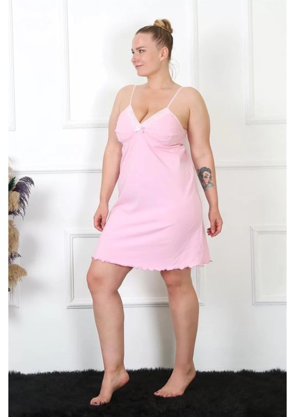 Moda Kadın Pembe Pamuklu Ip Askılı Büyük Beden Gecelik