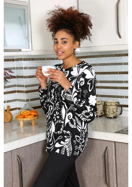 Moda Kadın Uzun Kol Penye Pijama Takım Siyah