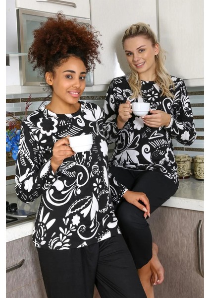 Moda Kadın Uzun Kol Penye Pijama Takım Siyah