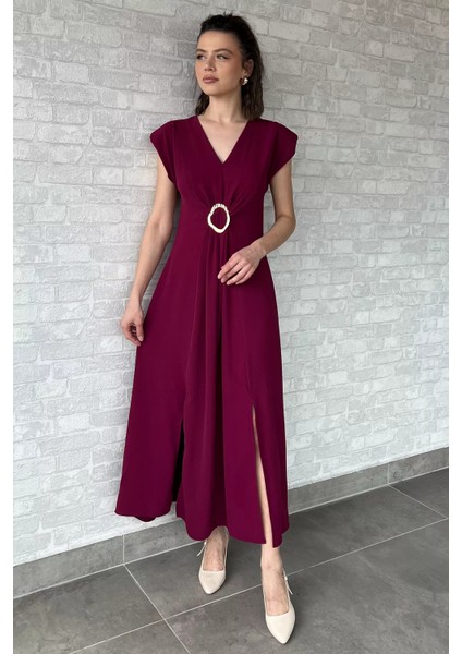 V Yaka Vatkalı Toka Detaylı Kadın Elbise P-00016096