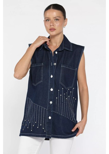 Kadın Çift Cepli Taş Işlemeli Jean Kot Yelek P-00018102