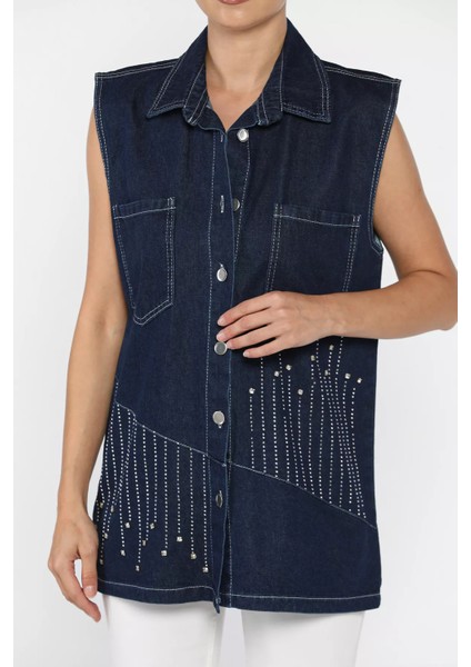 Kadın Çift Cepli Taş Işlemeli Jean Kot Yelek P-00018102 fiyatları