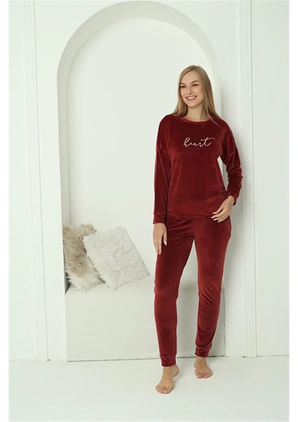 Moda Kadın Kadife Bordo Pijama Takım