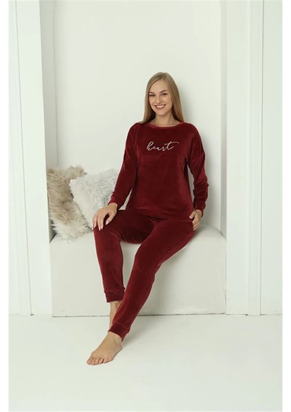 Moda Kadın Kadife Bordo Pijama Takım