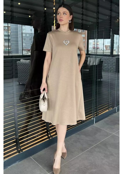 Bisiklet Yaka Taş Detaylı Cepli Kadın Kısa Kol Elbise P-00015797