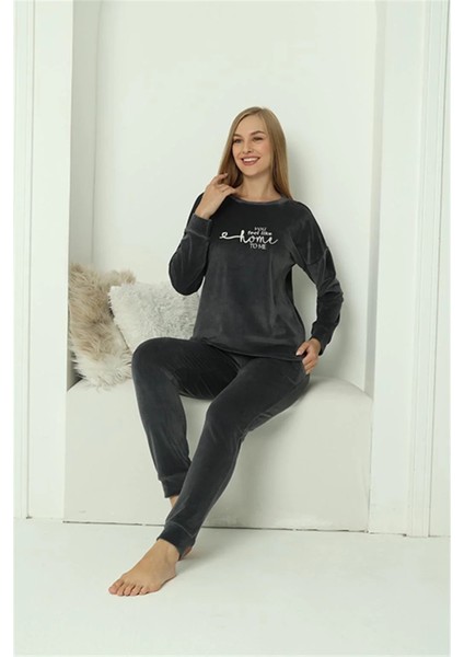 Moda Kadın Kadife Füme Pijama Takım