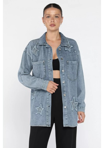 Kadın Yıldız Figürlü Çift Cepli Jean Kot Ceket P-00018087