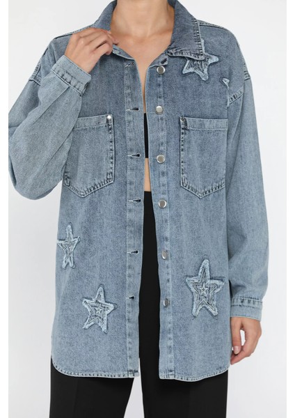 Kadın Yıldız Figürlü Çift Cepli Jean Kot Ceket P-00018087 modelleri