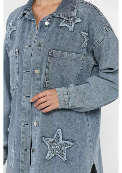 Kadın Yıldız Figürlü Çift Cepli Jean Kot Ceket P-00018087 fırsatları