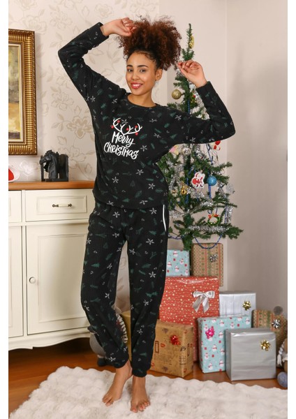 Moda Merry Christmas Polar Kadın Pijama Takımı Siyah