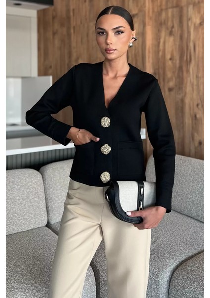 Çift Cepli Düğmeli Triko Ceket (S,m,l Uyumludur) P-00018218