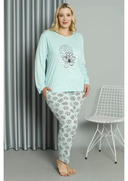 Moda Kadın Büyük Beden Penye Uzun Kol Pijama Takım Su Yeşili