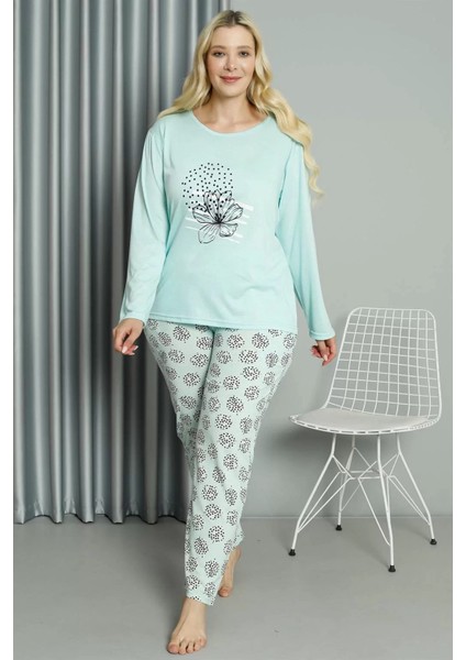 Moda Kadın Büyük Beden Penye Uzun Kol Pijama Takım Su Yeşili fiyatları