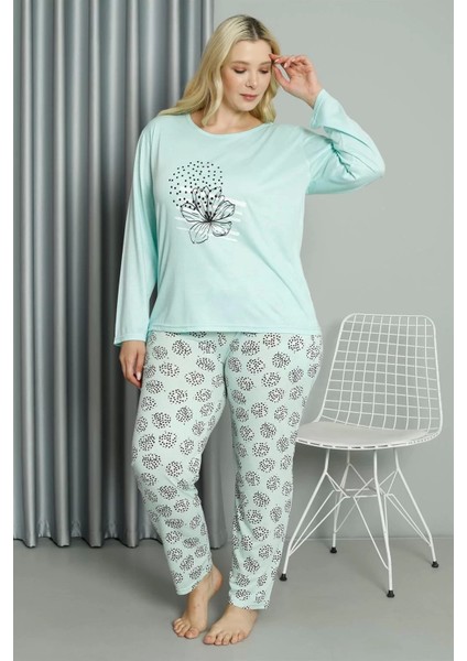 Moda Kadın Büyük Beden Penye Uzun Kol Pijama Takım Su Yeşili modelleri