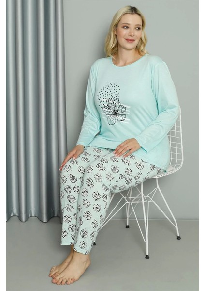 Moda Kadın Büyük Beden Penye Uzun Kol Pijama Takım Su Yeşili fırsatları