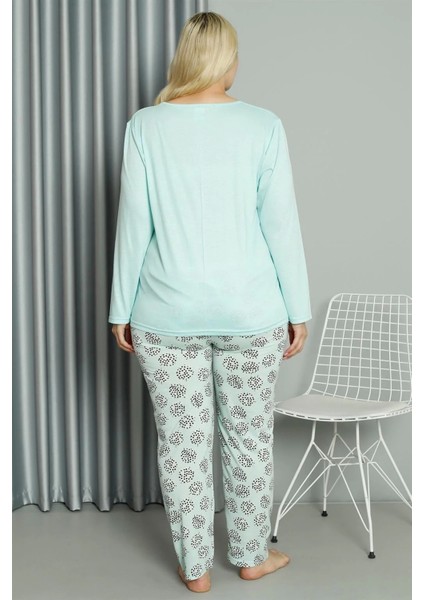 Moda Kadın Büyük Beden Penye Uzun Kol Pijama Takım Su Yeşili indirimleri