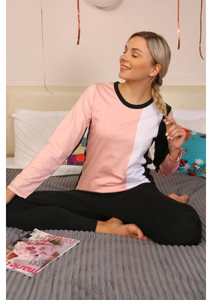 Moda Kadın Uzun Kol Penye Pijama Takım Somon