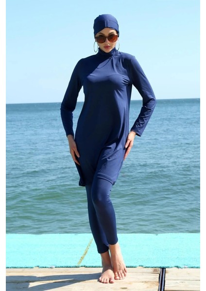 Moda Uzun Kol Likralı Lacivert Tesettür Mayo