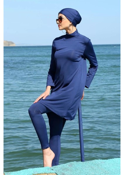 Moda Uzun Kol Likralı Lacivert Tesettür Mayo fırsatları