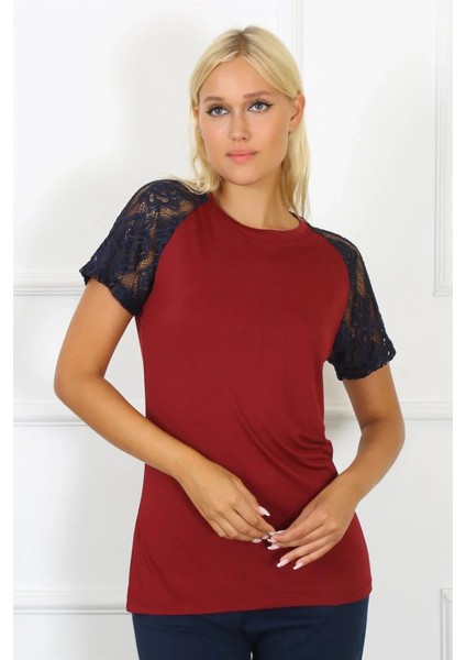 Moda Kadın Kolu Dantelli Penye Pijama Takım Bordo