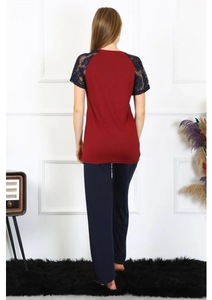 Moda Kadın Kolu Dantelli Penye Pijama Takım Bordo