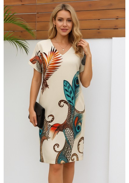 Kadın Kısa Kollu V Yakalı Desenli Mini Atlas Elbise