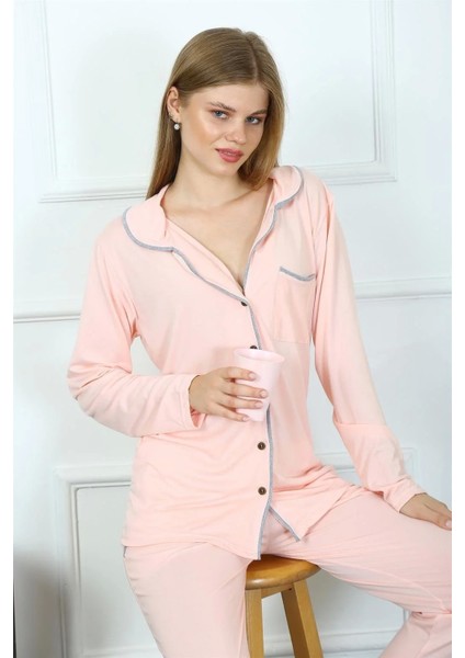 Moda Kadın Penye Uzun Kol Önden Düğmeli Pijama Takım Pembe fırsatları