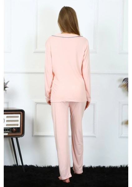 Moda Kadın Penye Uzun Kol Önden Düğmeli Pijama Takım Pembe indirimleri