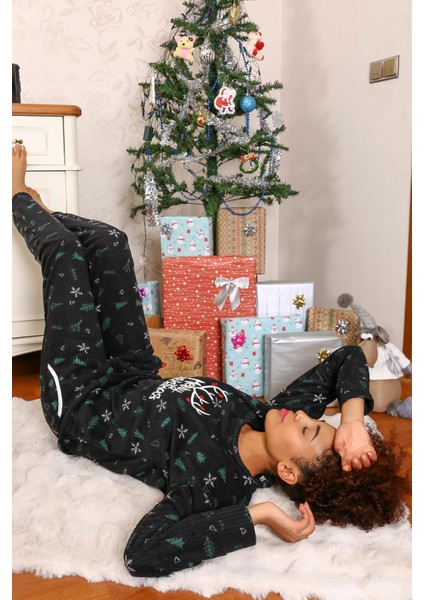 Moda Merry Christmas Polar Kadın Pijama Takımı Siyah fırsatları