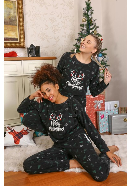 Moda Merry Christmas Polar Kadın Pijama Takımı Siyah indirimleri