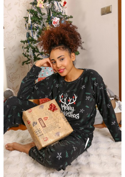 Moda Merry Christmas Polar Kadın Pijama Takımı Siyah