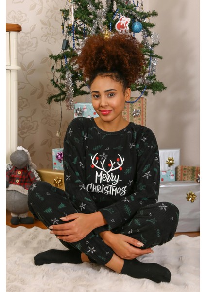 Moda Merry Christmas Polar Kadın Pijama Takımı Siyah