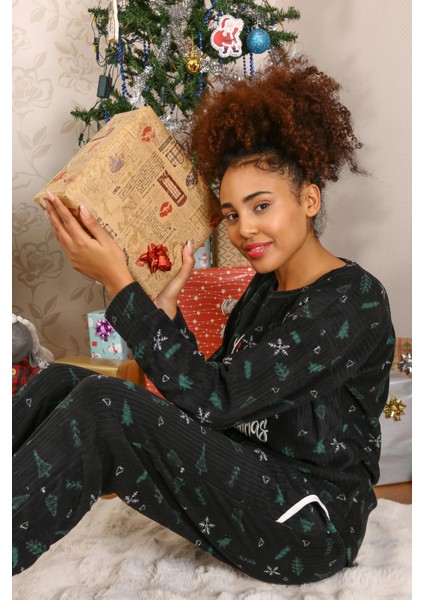 Moda Merry Christmas Polar Kadın Pijama Takımı Siyah