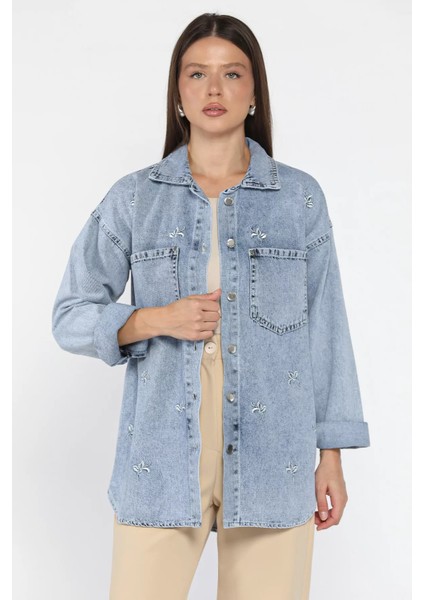 Kadın Çift Cepli Nakışlı Jean Kot Ceket P-00018116