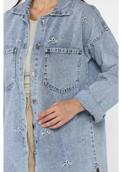 Kadın Çift Cepli Nakışlı Jean Kot Ceket P-00018116 fırsatları
