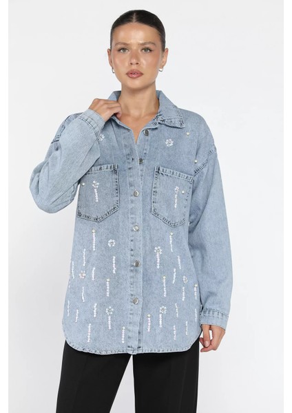 Kadın Çift Cepli Taş ve Pul Işlemeli Jean Kot Ceket P-00018114