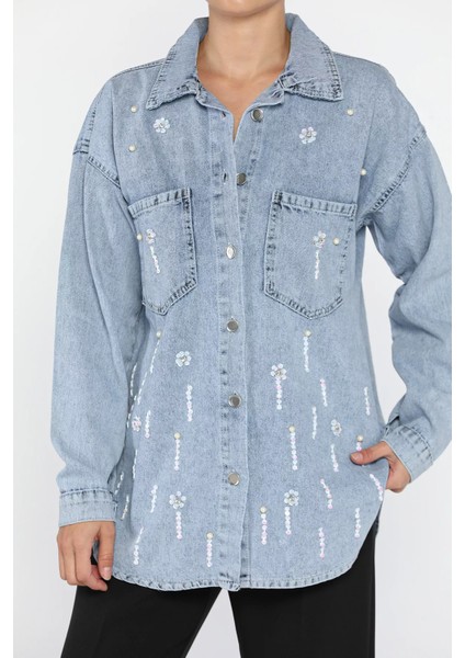 Kadın Çift Cepli Taş ve Pul Işlemeli Jean Kot Ceket P-00018114 modelleri