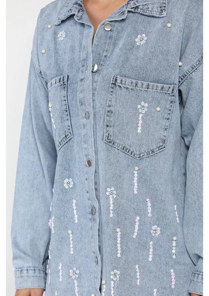 Kadın Çift Cepli Taş ve Pul Işlemeli Jean Kot Ceket P-00018114 fırsatları