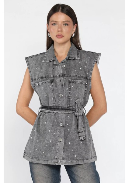 Kadın Zımba Detaylı Bel Kuşaklı Çift Cepli Jean Kot Yelek P-00018108