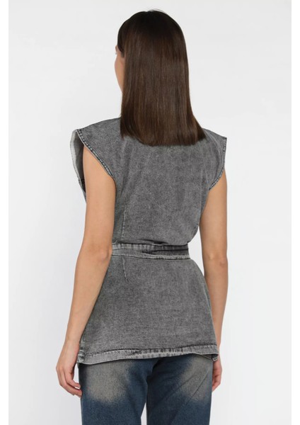 Kadın Zımba Detaylı Bel Kuşaklı Çift Cepli Jean Kot Yelek P-00018108 fiyatları