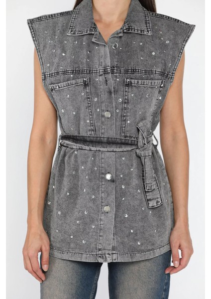 Kadın Zımba Detaylı Bel Kuşaklı Çift Cepli Jean Kot Yelek P-00018108 modelleri