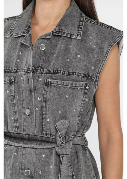 Kadın Zımba Detaylı Bel Kuşaklı Çift Cepli Jean Kot Yelek P-00018108 fırsatları