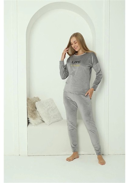 Moda Kadın Kadife Gri Pijama Takım