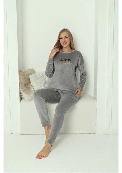 Moda Kadın Kadife Gri Pijama Takım