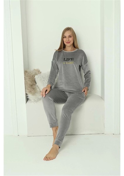 Moda Kadın Kadife Gri Pijama Takım