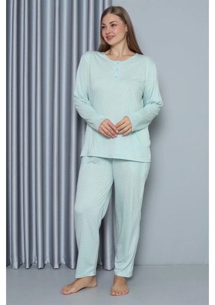 Moda Kadın Büyük Beden Penye Uzun Kol Pijama Takım Su Yeşili fiyatları