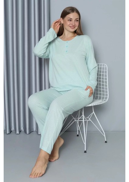 Moda Kadın Büyük Beden Penye Uzun Kol Pijama Takım Su Yeşili fırsatları