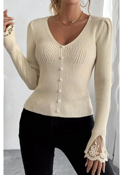 Kol Güpür Detaylı V Yaka Triko Bluz P-00018358