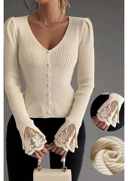 Kol Güpür Detaylı V Yaka Triko Bluz P-00018358 fiyatları