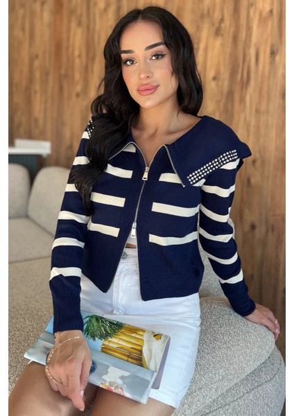 Yaka Detaylı Çizgili Triko Hırka P-00018210 fiyatları